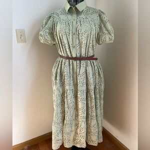 Green 100% cotton Eyelet Button-Down Dress with Belt